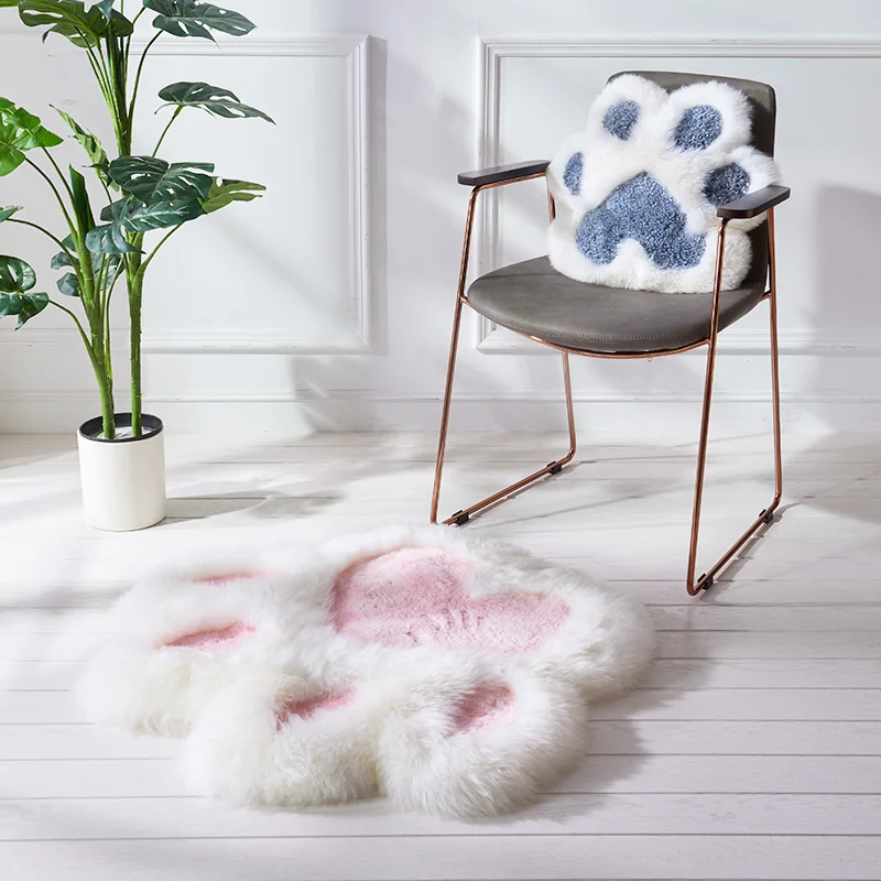 Single side cute sheepskin fur cat's claw shaped pillow, decoration merino fur pink seat cushion