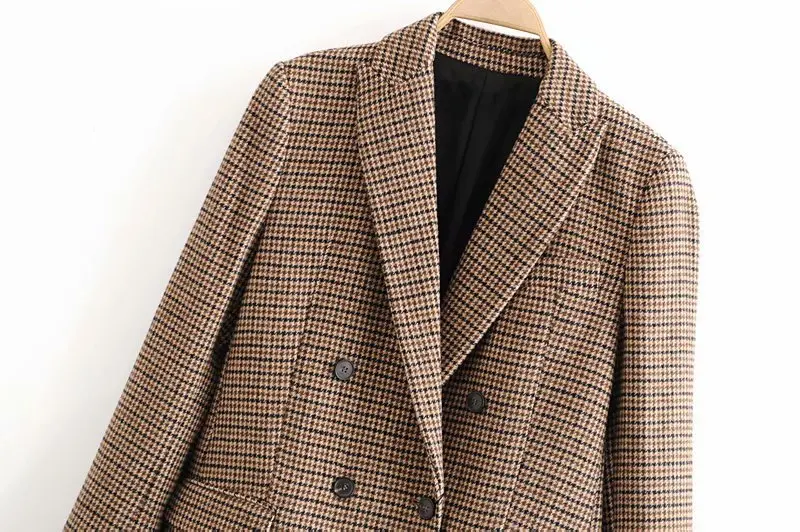 Vintage Casual Plaid Blazer Women Fashion Double Breasted Office Ladies Jacket Coat Female Notched Collar Long Sleeve Suits