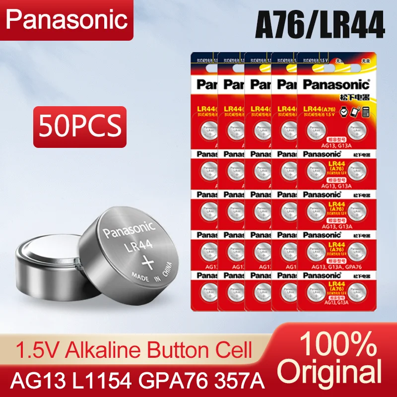 50PCS/lot Panasonic LR44 A76 LR 44 AG13 LR1154 SR1154 SR44 SR44SW SR44W GP76 1.5V Alkaline Batteries For Calculator Toy Watch button cell