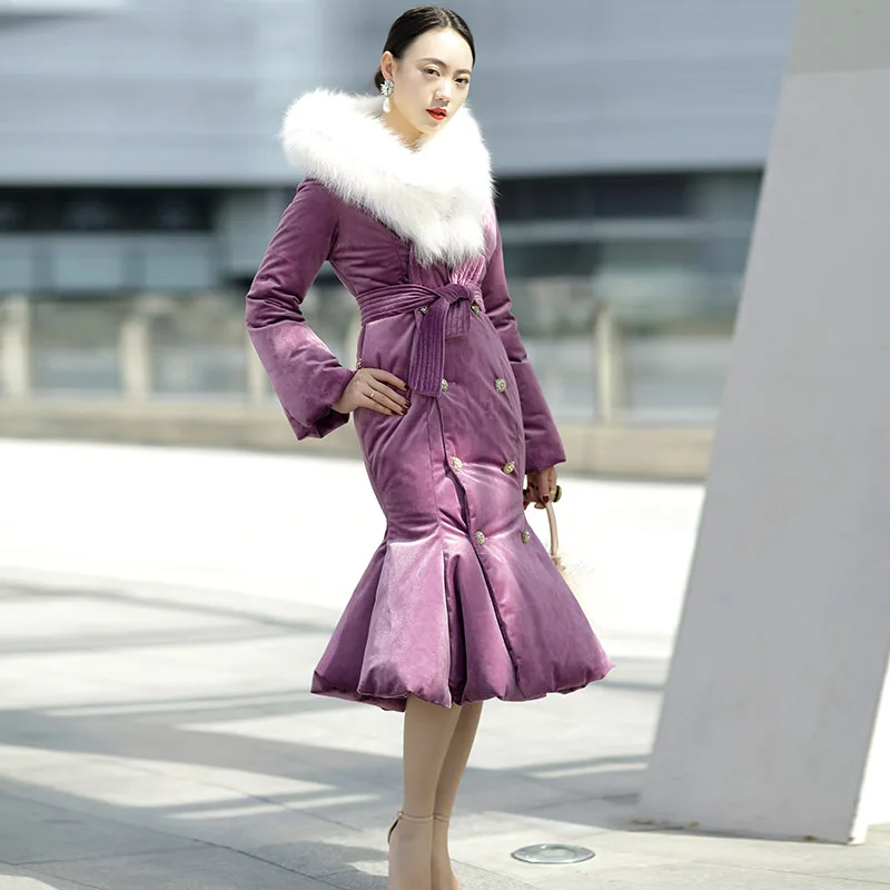 

Customize Clothing for Women Purple Mermaid White Goose Down Coat with Fur Collar Slim Luxury Rich Women Velvet Coats