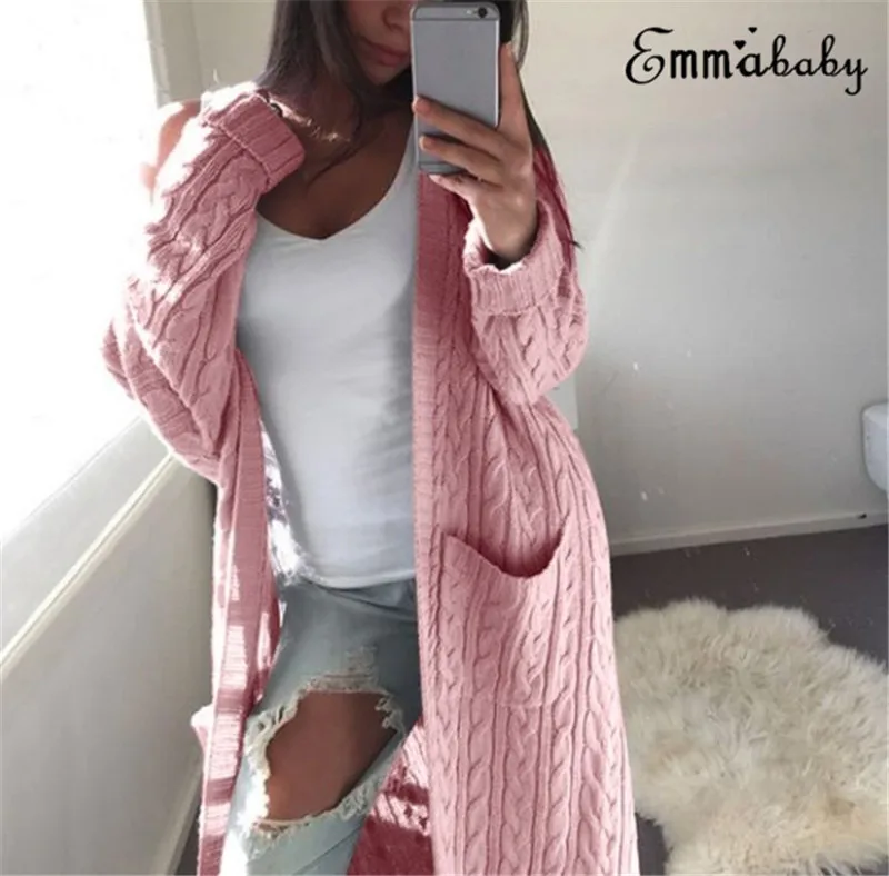 Women Long Cardigan Loose Sweater Long Sleeve Open Stitch Knitted Outwear Jacket Tops with Pocket One Size