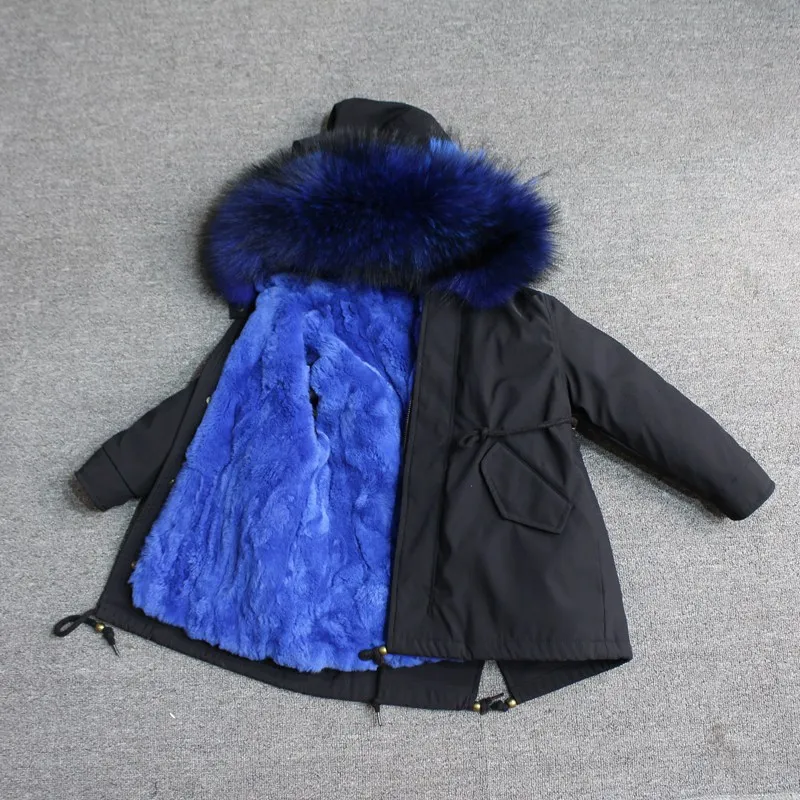 black sapphire fur Куртки из натурального меха кролика Рекс, парки с большим воротником из меха енота с капюшоном для маленьких девочек, одежда детская зимняя куртка для мальчиков - Цвет: black sapphire fur