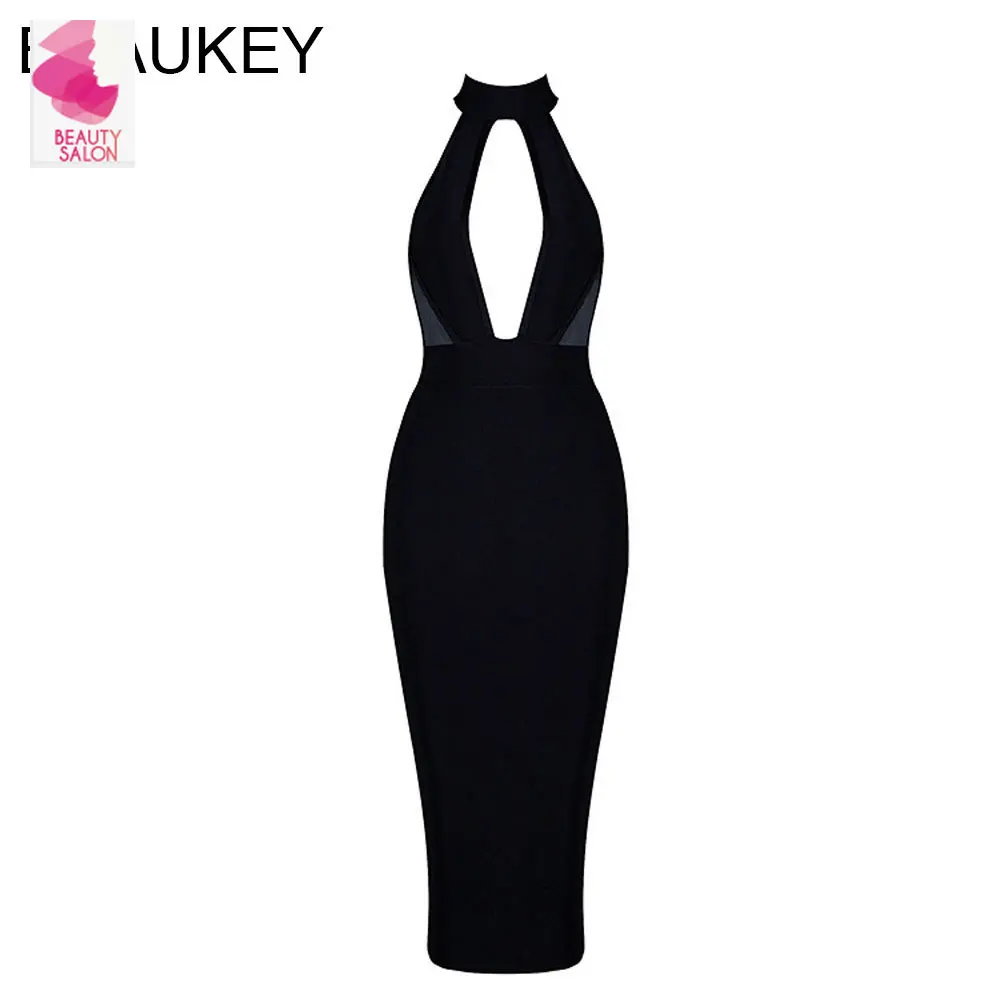 

2016 Women's Newest Styles Black Halter Neck Open Chest Keyhole Backless Midi-calf Sexy Rayon Bodycon Bandage Dress