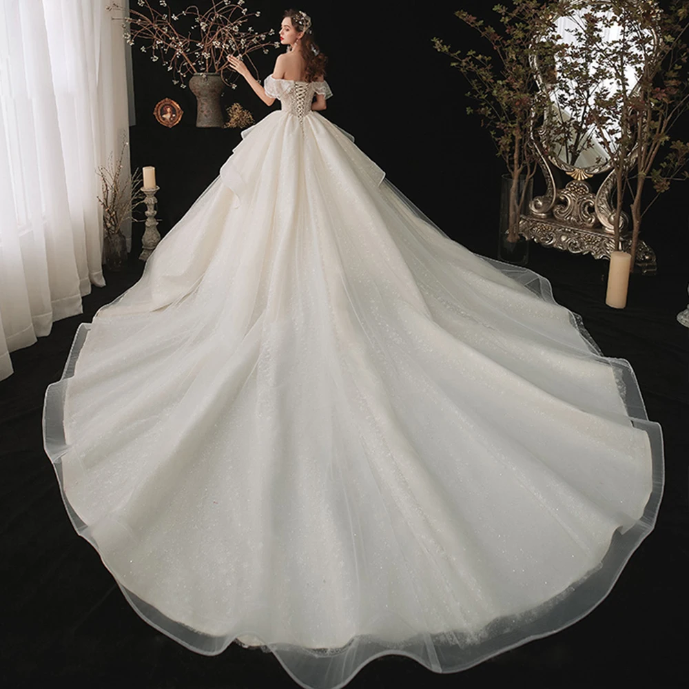 Vestido de Noiva Off The Shoulder Lace Up Back Short Sleeve Shiny Beading Crystal Tulle Princess Ball Gown Wedding Dresses winter wedding dresses