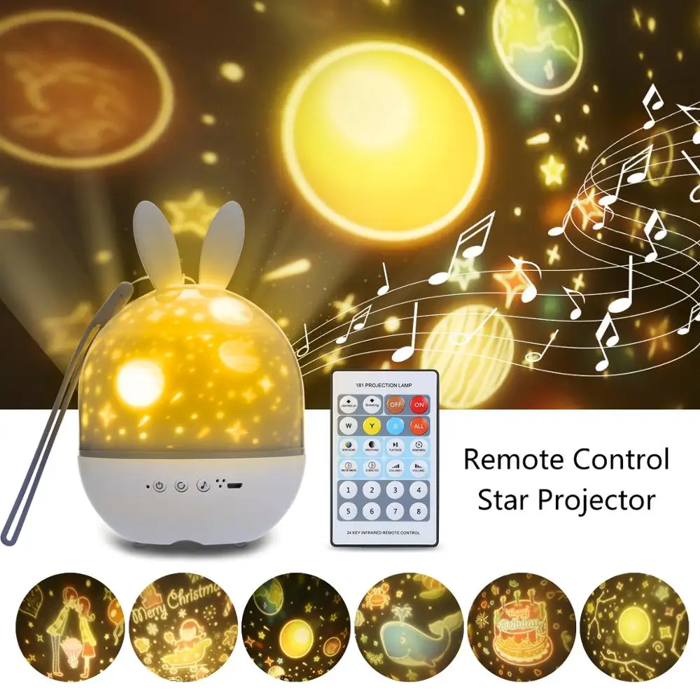 

Star Projector Night Light with IR Remote Control Dimmable Rabbits LED Lamp 6 Films 8 Songs Timer Function USB Rechargeable 360Â°