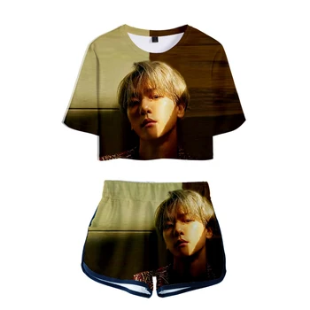 

2019 Korean Printed Women two piece set New kpop Korean design Oversize Navel short sleeve and Short Pants O-neck Summer Set