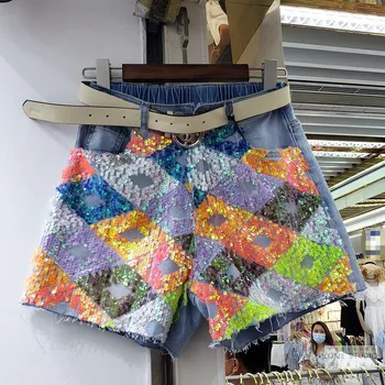

Harajuku Shorts for Women 2020 Summer New European Heavy Industry Colored Sequins Mesh High Waist Slim Wide Leg Denim Shorts