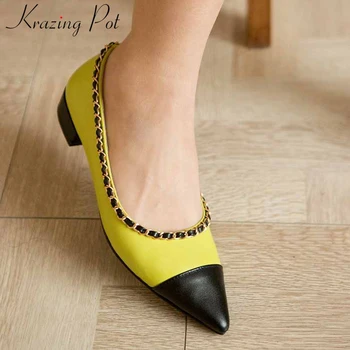 

Krazing pot soft breathable genuine leather mixed colors pointed toe low heels metal decorations slip on women spring pumps L33