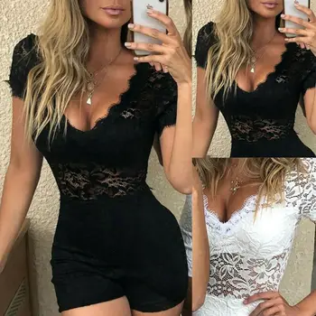 

Women`s Short Sleeve Lace V-Neck Low Cut Jumpsuit Shorts Romper Ladies Casual Solid Color Mini Playsuits