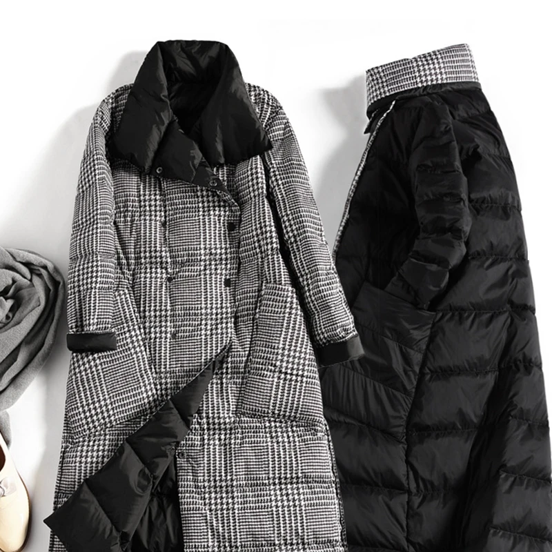 new style winter double-sided down jacket plaid long style over knee women coat lapel retro simple warm female clothes