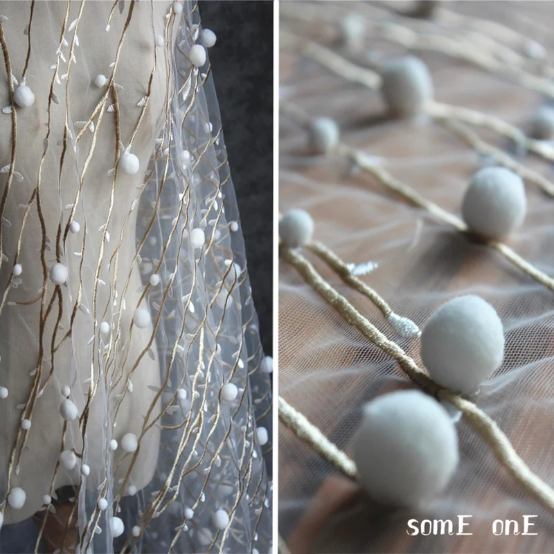 

GLace 1M/lot 3D pompon plant snowflake perspective mesh lace fabric for women dress Christmas material TX1353