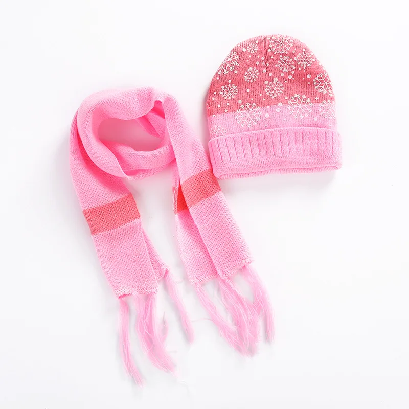 Рождественская шапка с принтом снежинки, шарф, комплект для детей, зимние теплые мягкие вязаные шапки, шарф, комплект из 2 предметов, Новогодняя шапочка для мальчиков и девочек - Цвет: Розовый
