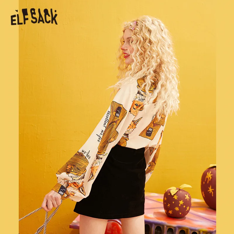  ELFSACK Fox Printed Vintage Chiffon Blouse Shirts Women 2019 Winter Korean Style Single Button Lant