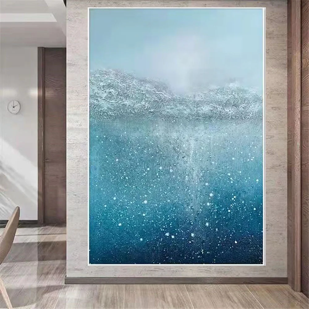 

Hand-painted beautiful oil painting blue texture canvas painting shiny gift ocean abstract underwater art modern home decoration