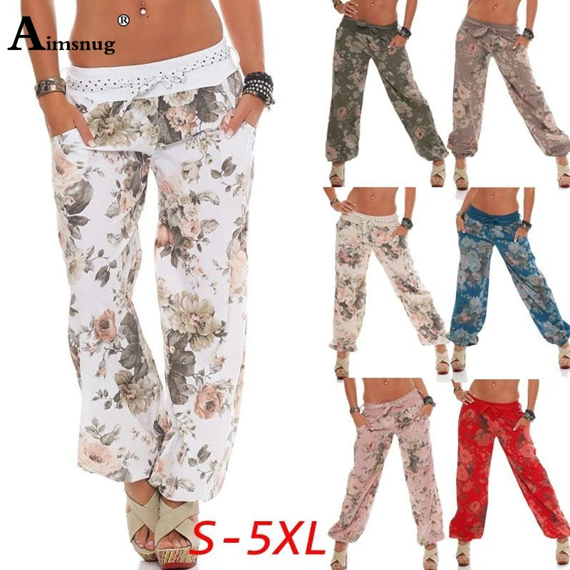 

Aimsnug Plus Size 5xl Boho Flower Print Pocket Waist Elastic Band Female Trousers Loose Autumn 2019 Casual Women Wide leg pants