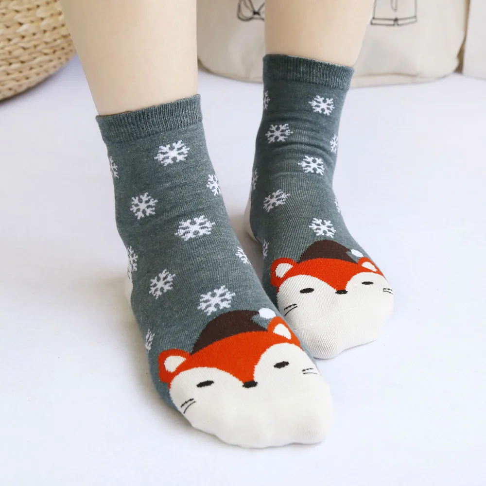 Рождественские Женские повседневные носки, милые носки унисекс, рождественские носки средней длины с рисунком лисы, Санта-Клауса, кролика, пингвина, медведя, снежинки