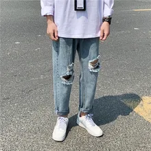 Torn Ripped Jeans Men's Fashion Washed Casual Straight Jeans Pants Men Streetwear Loose Hip Hop Hole Denim Trousers Mens S-3XL Torn Ripped Jeans Men's Fashion Washed Casual Straight Jeans Pants Men Streetwear Loose Hip Hop Hole Denim Trousers Mens S-3XL