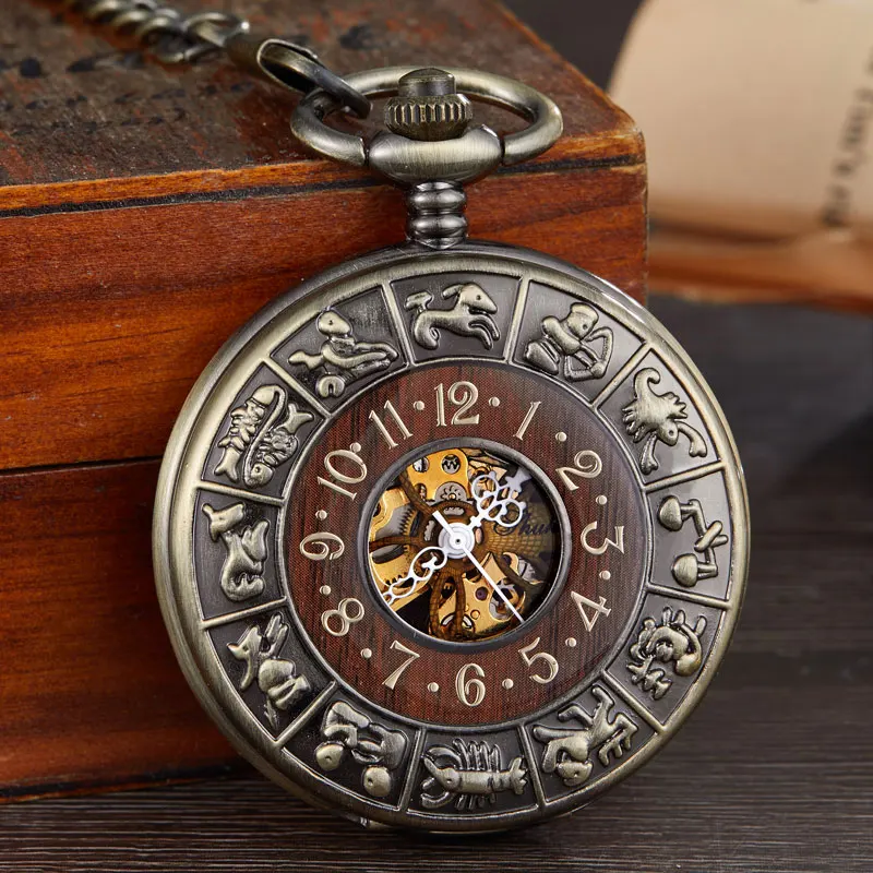 Círculo de Madeira Vintage Esculpido Relógio de Bolso Mecânico Homens Único Oco Steampunk Esqueleto Número Dial Relógios Mecânicos Cadeia