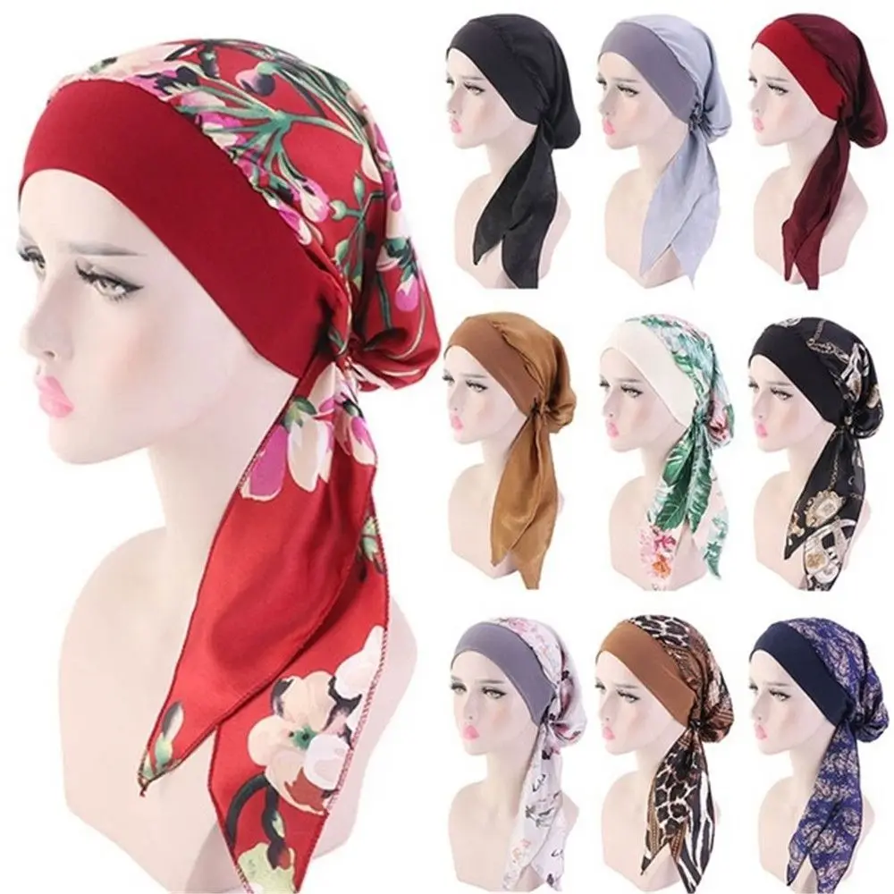 Hot Women Muslim Turban Hijab Cancer Chemo Hat Flower Print Cap Hair Loss Cover Head Scarf Stretch Bandana Wrap Pre-TiedHeadwear