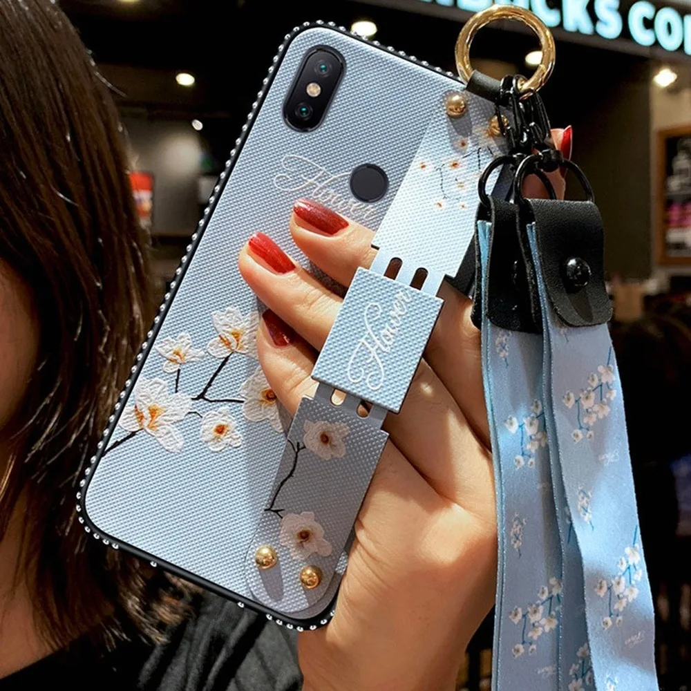 

Wristband Holder Phone Case for Redmi Note 7 Case Glitter Retro Flower Back Cover with Lanyard for MIA1 A2 MAX2 3 8 8SE 9 9SE