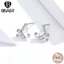 Серьги с буквами BISAER горячая Распродажа 925 Стерлинговое серебро Алфавит а серьги с буквой гвоздики женские ювелирные изделия из стерлингового серебра ECE714