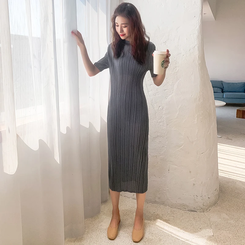 Special Pleats Women Office Summer Dress Round Neck Sleeveless Solid Color Vestidos Simple Casual Long Dress for Elegant Lady