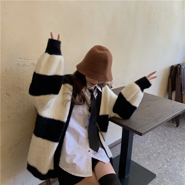 

Photo Shoot 2019 WOMEN'S Dress Winter Korean-style Laziness-Style Stripes Contrast Color Loose-Fit Sweater No Buckle Knitted Car