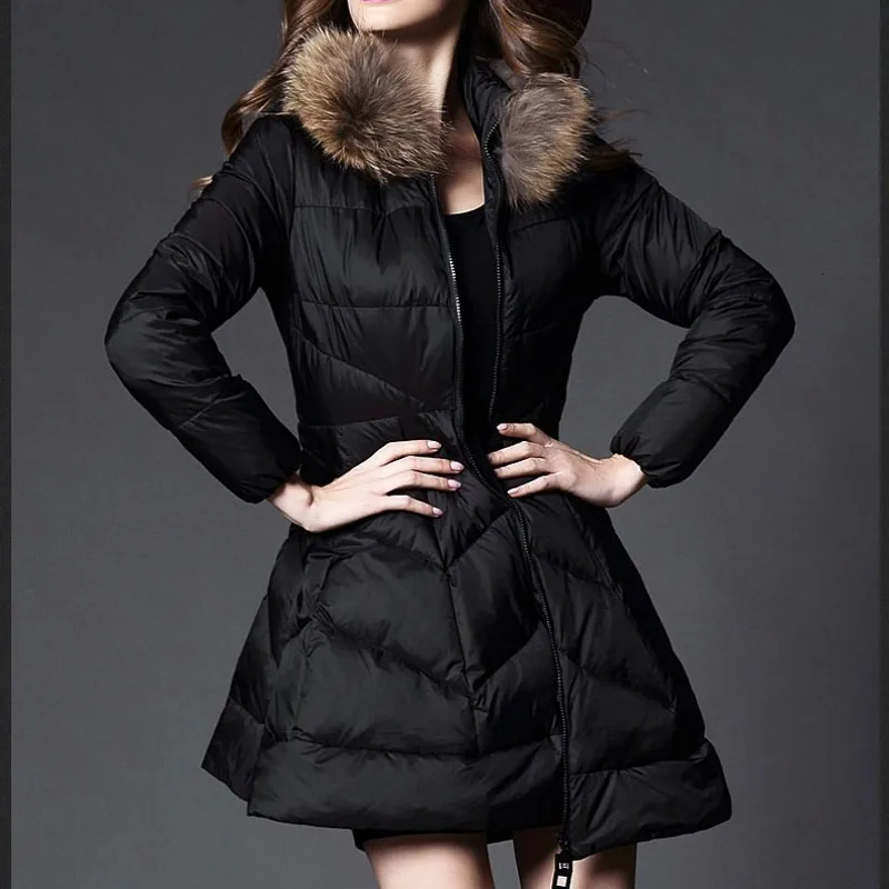 black Real fur Лидирующий бренд, Женское зимнее теплое пальто из 80% утиного пуха, воротник енота, накидка, Женская длинная куртка, парка, верхняя одежда, пальто, S-2XL - Color: black Real fur