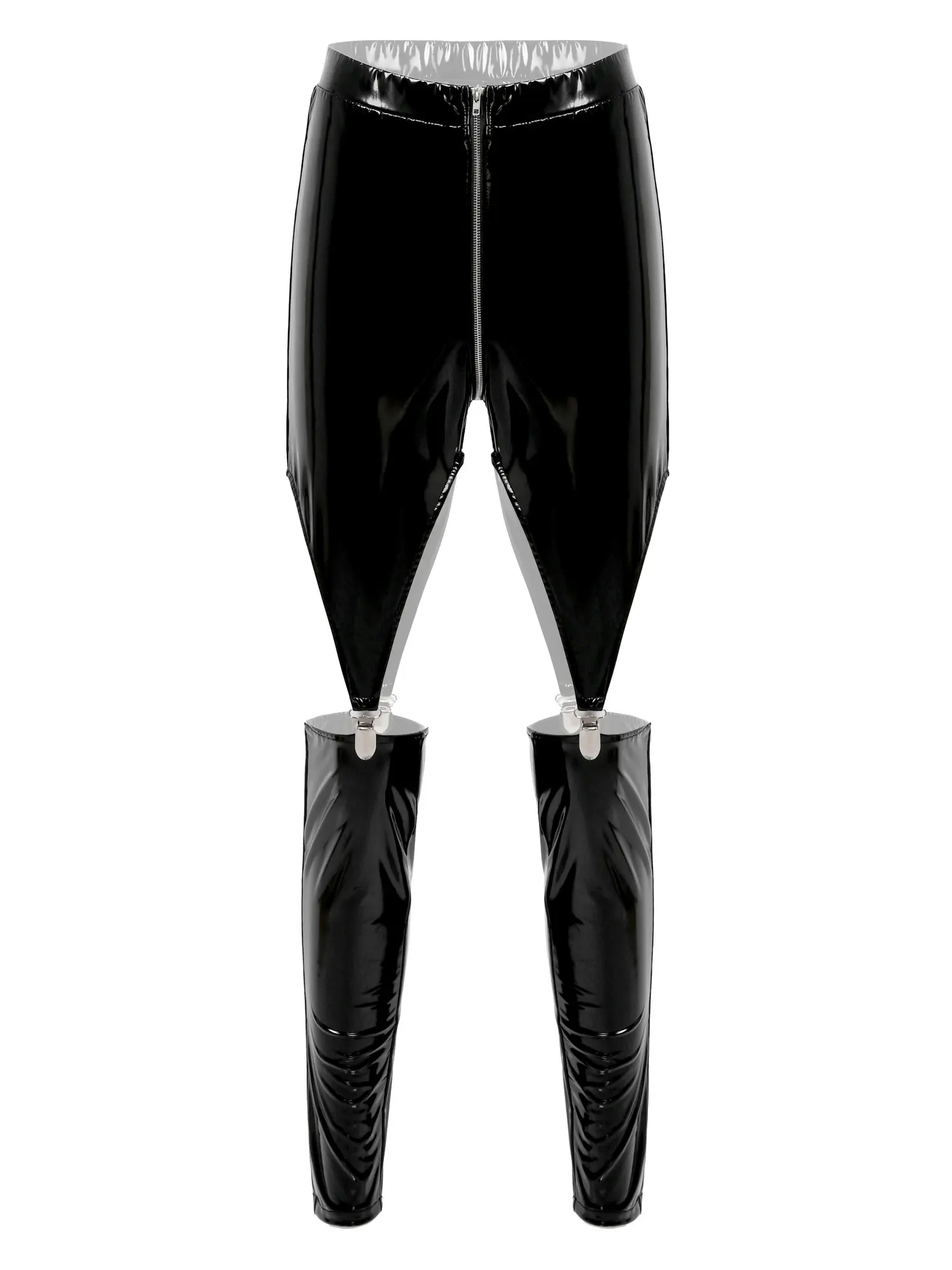 Patent Leather Women New Fashion Streetwear Sport Slim Hollow Out Skinny Zipper Crotch Cutout Elastic Waistband Long Trousers