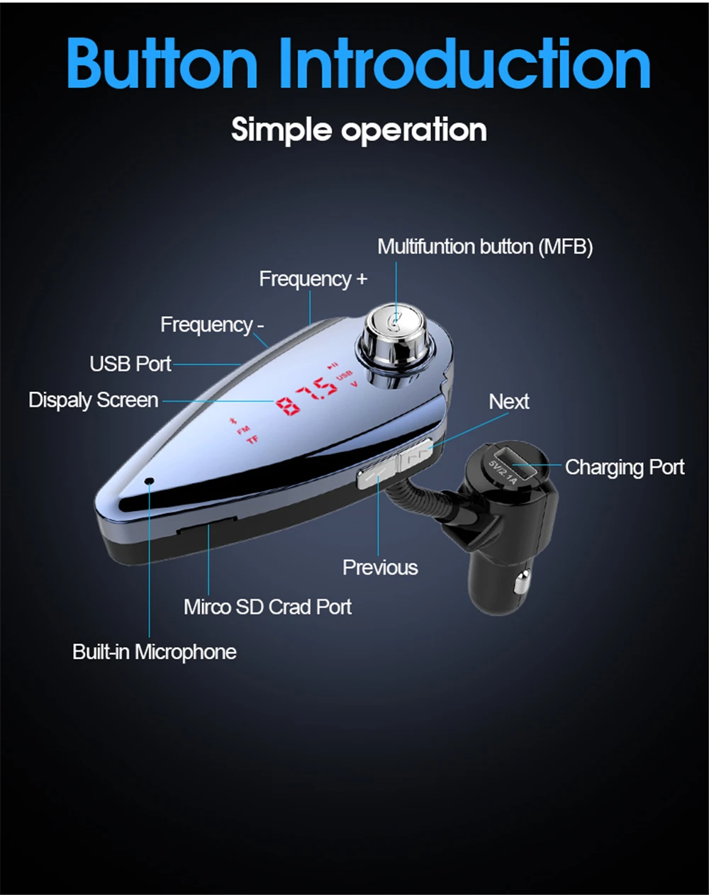 T6S автомобиля громкой связи Bluetooth автомобильный набор, свободные руки, Беспроводной FM передатчик MP3 плеер 5V 2.1A зарядных порта USB для автомобиля Зарядное устройство мобильный A2DP Встроенный микрофон