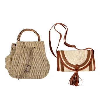 

LJL-2 Pcs Drawstring Women's Straw Bucket Bag Summer Woven Shoulder Bags Shopping Purse Beach Straw Handbags, Khaki & Brown