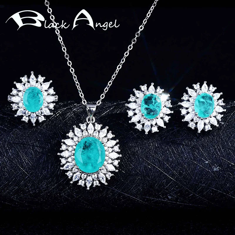 BLACK ANGEL New Eye of Atlantis Necklace Imitation Paraiba Jewelry Set for Women Malt Pave Zircon Stud Earrings Resizable Ring | Украшения