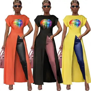 

new women tops colour lip printed short sleeve open fork long design t shirts for women streetwear