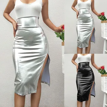 

Women's Sexy High Waist Leather Skirt ladies Casual Mini Half Skirt High Waist solid color silver sexy party Leather skirts