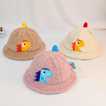 

Baby hat winter new cartoon dinosaur plush child fisherman hat 1-3 years old baby plus velvet inside comfortable and warm hat