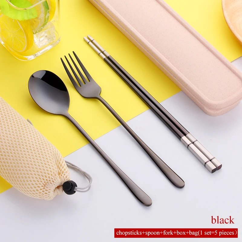 Black Set 5 шт./компл. 18/8 палочки для еды из нержавеющей стали набор ложка и вилка портативный набор посуды с коробкой набор столовых приборов для путешествий кухонная посуда - Цвет: Black Set