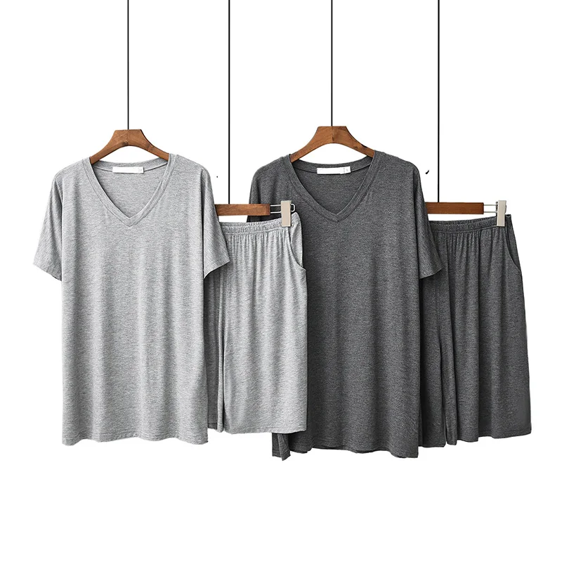 

Men's Pajamas Set Solid Color Sleepewar V-Neck Large Size Soft Loose Sleepwear Short Sleeve+Shorts Summer Homewear Cool Black