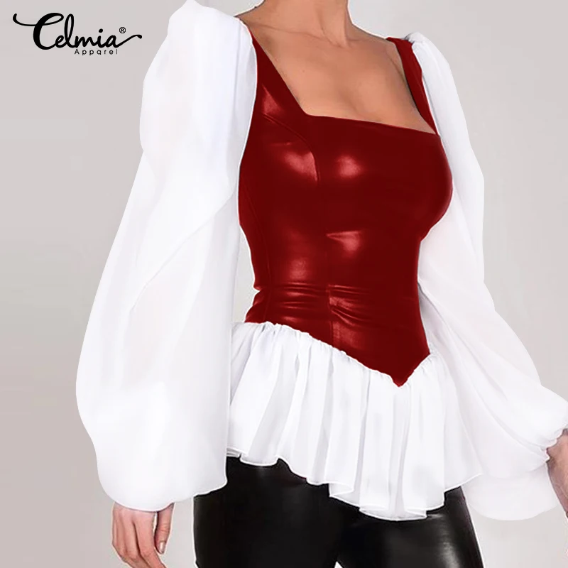 

Celmia Stylish Women Leather Blouse 2019 Autumn Lantern Sleeve Ruffles Tunic Top Sexy Square Collar Elegant Office Shirts Blusas