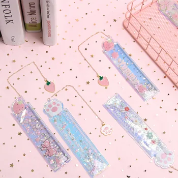 

1PC Cute Girl Stationery Scale Student Pendant Bookmark Quicksand Ruler Cartoon Oil Sand Ruler PVC Drawing Ruler School Prize