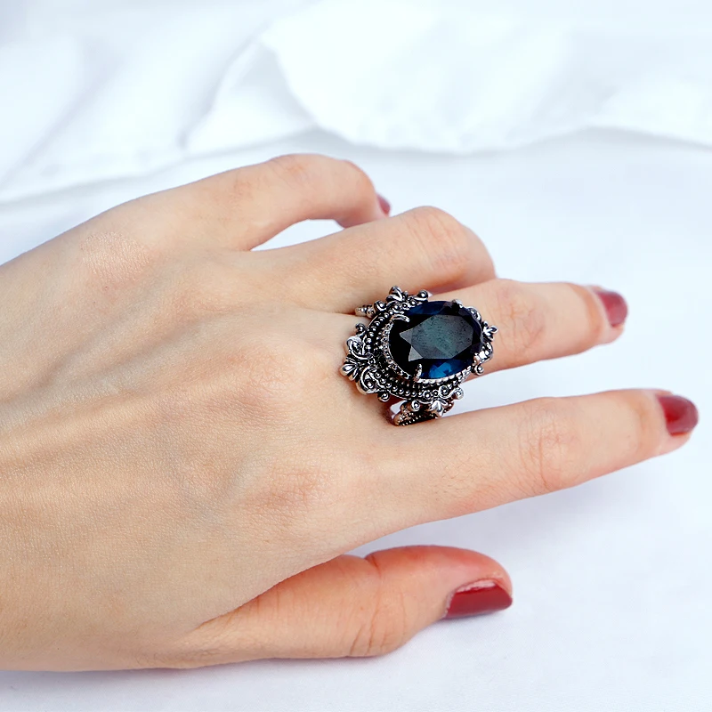 HuiSept Vintage 925 srebrny pierścień biżuteria duży owalny Shaped Sapphire Gemstones pierścionki dla mężczyzn kobieta Wedding Party prezenty hurtownie