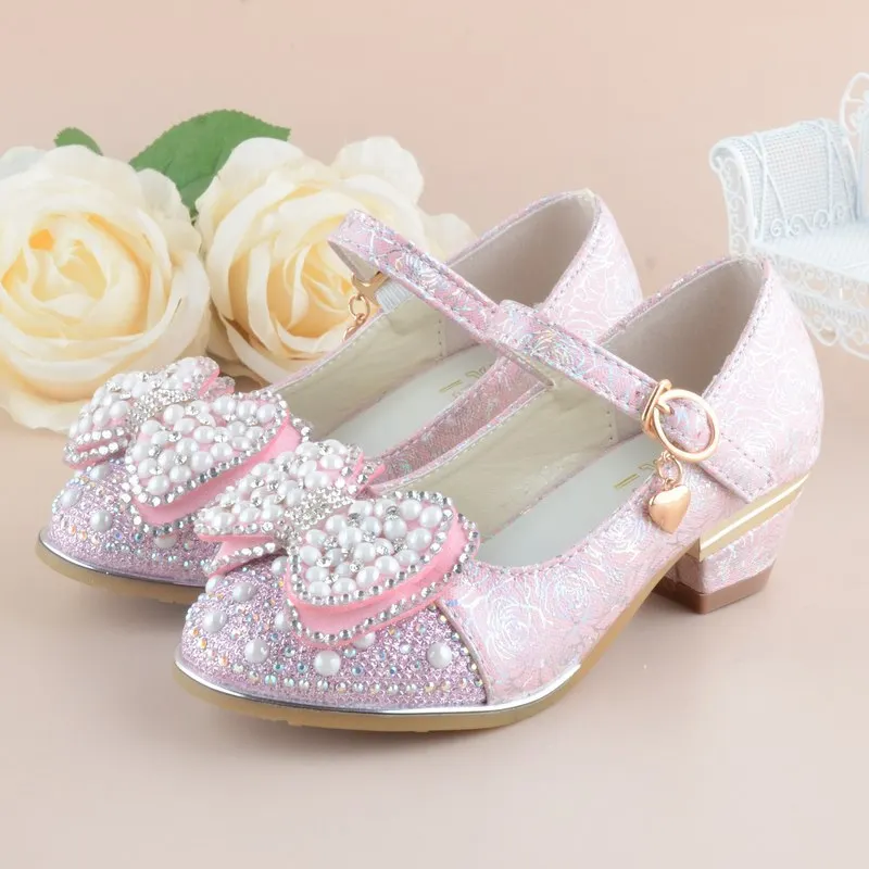 Girl Fashion High Heel Princess Bow Leather Shoes Big Kids Dress Wedding Dance Children School Shoes 4 5 6 7 8 9 10 11 12 Years