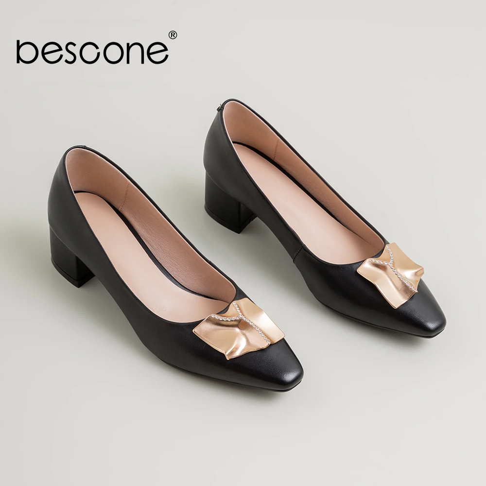 

BESCONE New Fashion Design Pumps Metal Decoration Square Heel Comfortable Square Toe Women's Shoes Shallow Elegant Pumps BO330
