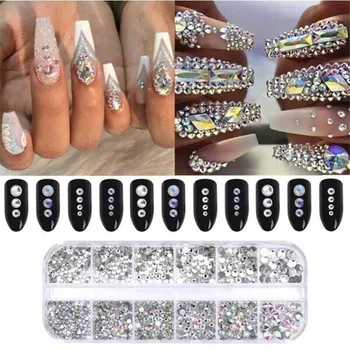 

12 Grids Colorful Crystal Nail Art Rhinestones Acrylic Nail Stones Beads Studs Flat Back Shiny Tips 3D Nails Art Decorations