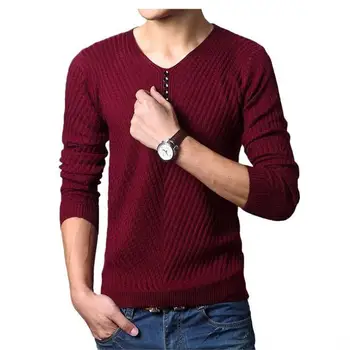 

OLOEY Cotton Sweater Men Long Sleeve Pullovers Outwear Man V-Neck sweaters Tops Loose Solid Fit Knitting Clothing 3Colors New