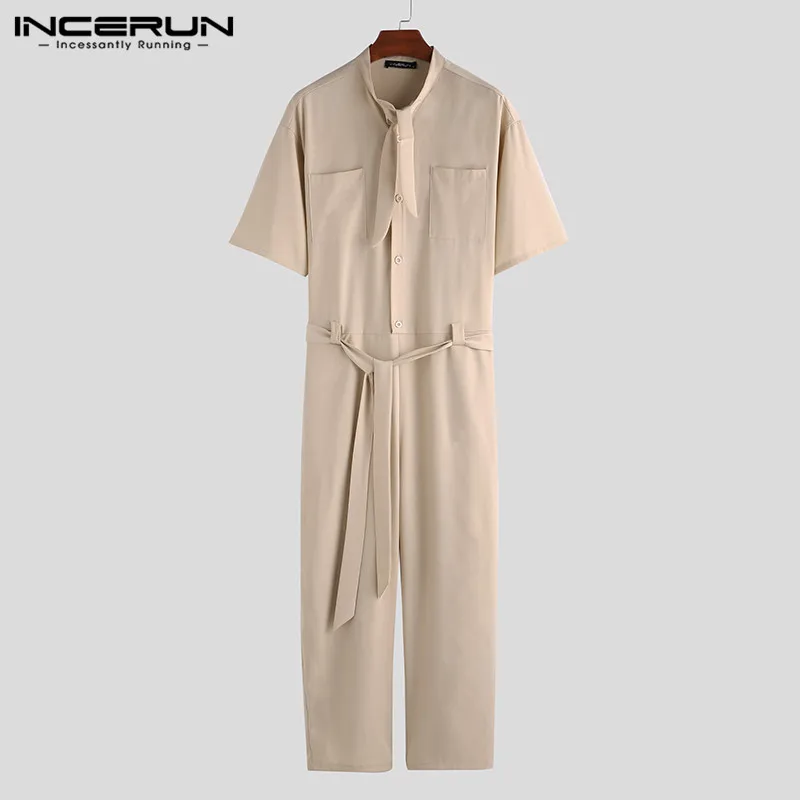 Khaki INCERUN, стильный мужской комбинезон Карго, брюки, уличная одежда, джоггеры,, комбинезоны с коротким рукавом, однотонный Свободный Повседневный мужской комбинезон размера плюс - Цвет: Khaki