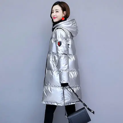 Bright silver Модная зимняя теплая куртка женская Глянцевая длинная куртка Толстая хлопковая стеганая куртка с капюшоном пуховое хлопковое пальто свободная Женская парка - Цвет: Bright silver