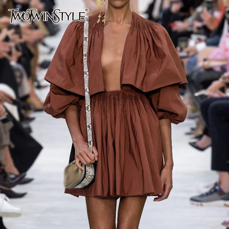 TWOTWINSTYLE Casual Patchwork Women Dress V Neck Lantern Long Sleeve High Waist Ruffle Pleated Dresses For Female Fashion Tide TWOTWINSTYLE Casual Patchwork Women Dress V Neck Lantern Long Sleeve High Waist Ruffle Pleated Dresses For Female Fashion Tide