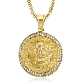 

HIP Hop Ice Out Gold Color Titanium 316L Stainless Steel Pave with Rhinestone Lion Head Pendants Necklaces for Men Jewelry