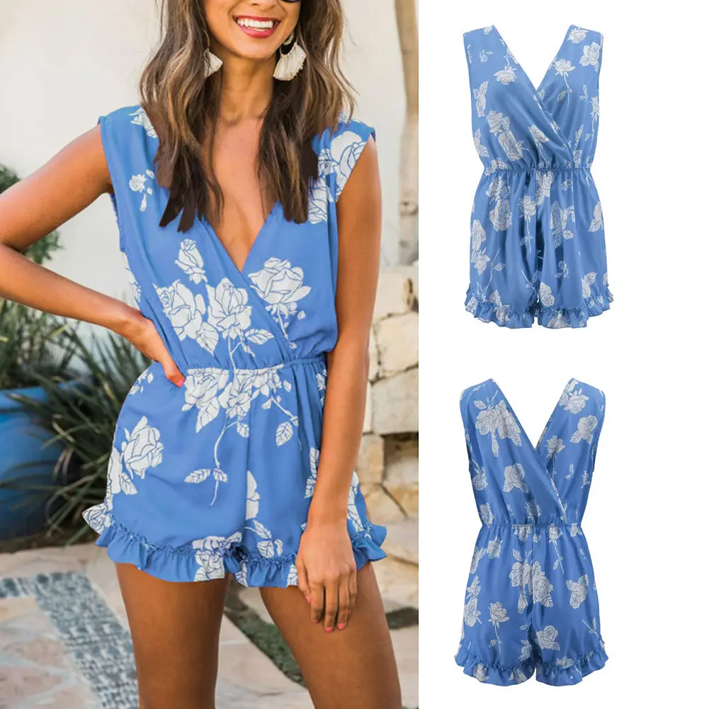 Droppshiping женский цветочный комбинезон без рукавов с v-образным вырезом сарафан, костюм для подвижных игр комбинезоны летние пляжные d88 - Цвет: light blue