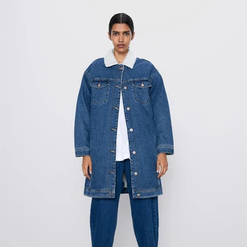 

ZA 2019 Fleece Denim Jacket Coat Autumn and Winter Fashion Lapel Long Sleeve Single-breasted Loose Long Denim Jacket